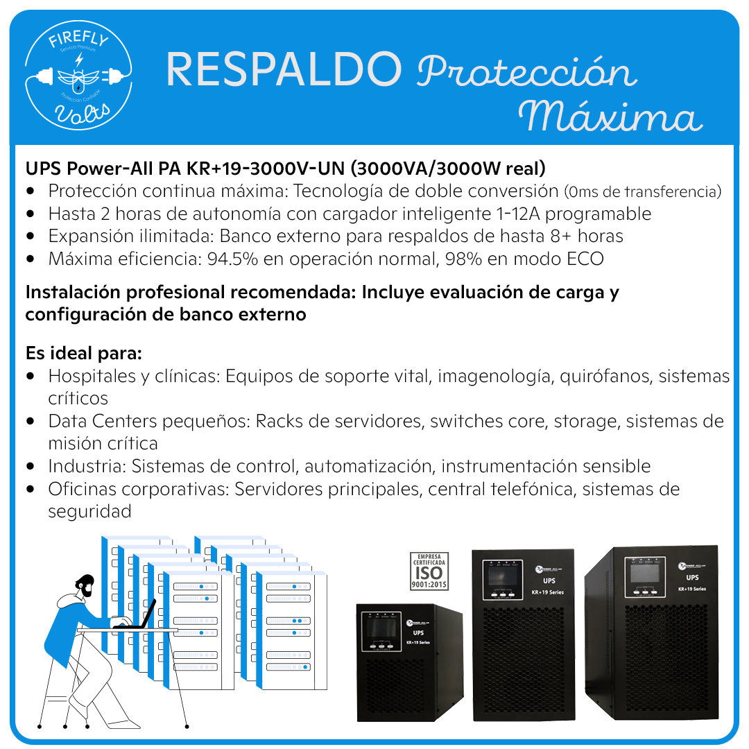 Respaldo de Energía 3000W | UPS Doble Conversión | Máxima Protección para Hospitales y Data Centers